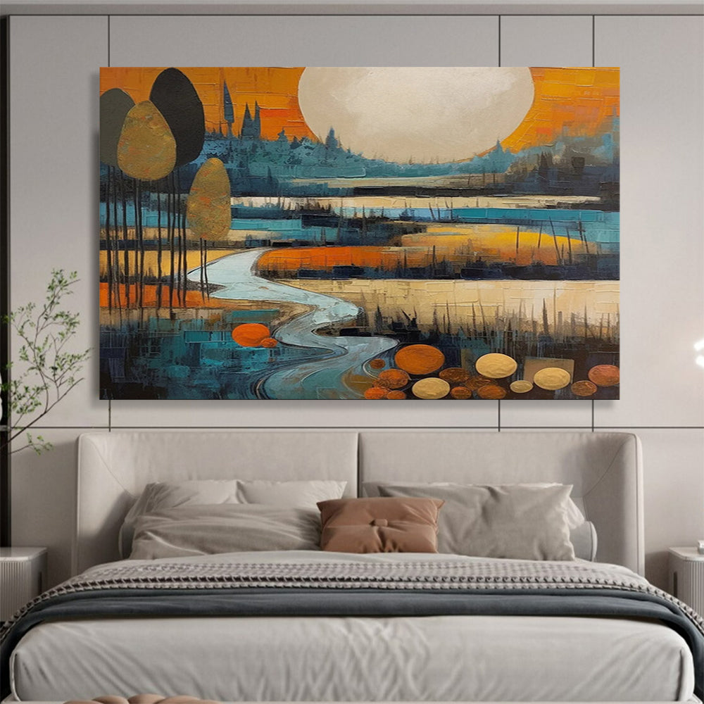 “Stylized Moonlit River” Cubist Landscape Painting On Canvas DLZ086