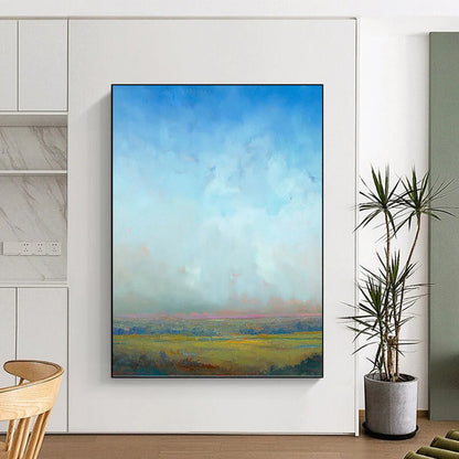 “Soft Sky and Golden Fields” - Blue, Green & Yellow Landscape Painting On Canvas DKH0935