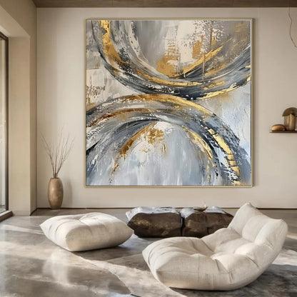 Grey - Gold Looping Textures - Abstract Impasto Acrylic CT1266