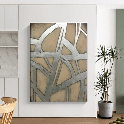 “Silver & Beige Geometric Web” - Abstract Painting On Canvas CT2328