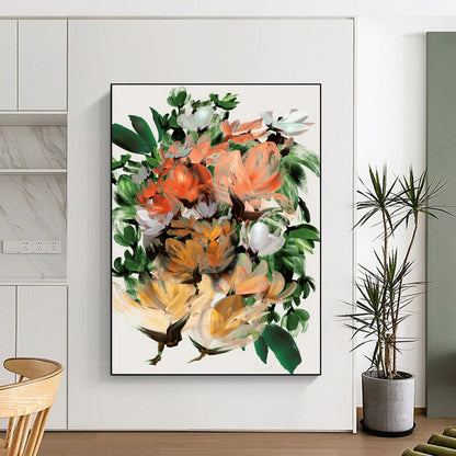 “Lush Floral Bouquet” - Orange, Green, White Abstract Painting On Canvas DTP217
