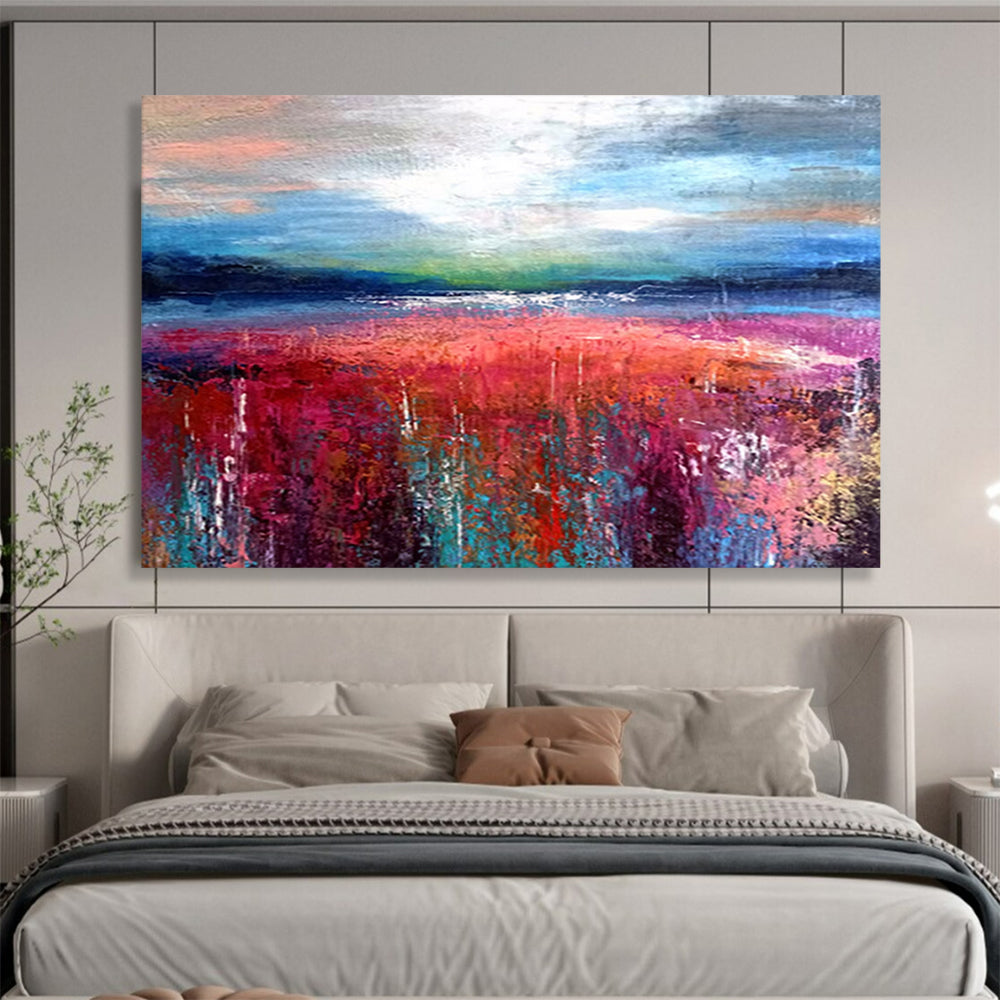 “Colorful Field Abstract - Pinks, Reds, and Blues Under a Dynamic Sky” Painting On Canvas DKH010