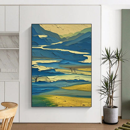 “Colorful Layered Landscape” - Blue, Green & Yellow Cubist - Inspired Painting On Canvas DKH0963