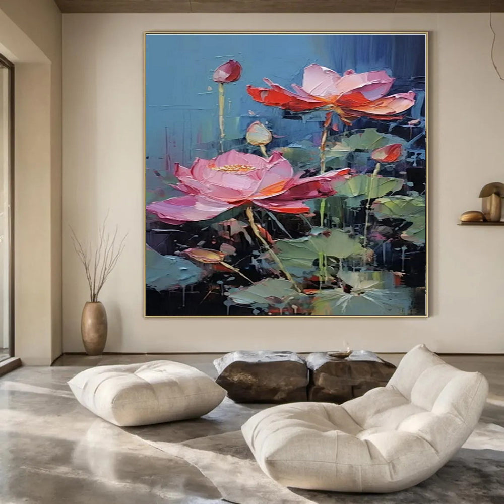 Pink & Red Lotuses, Textured Petals - "Lotus Rhapsody" - Impasto Oil Painting CT1436