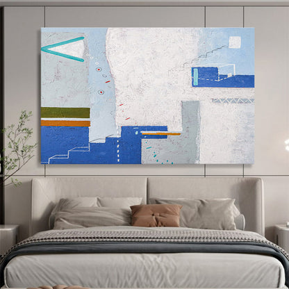 Color - Blocked Geometry with Blue, White, and Earth Tones, Abstract Cityscape Painting On Canvas DKH571