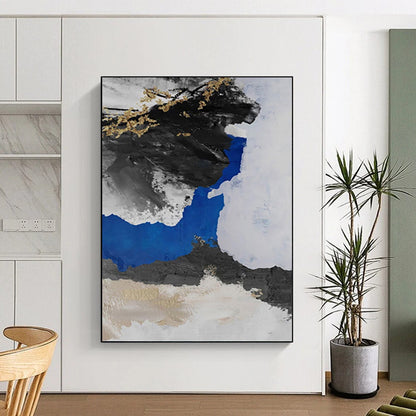 “Black - Blue - Gold Abstract Ink - Inspired” Painting On Canvas DKH1231