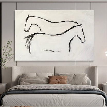 “Ink - Drawn Equine Silhouettes” - Black, White Minimalist Horse Painting On Canvas DKH751