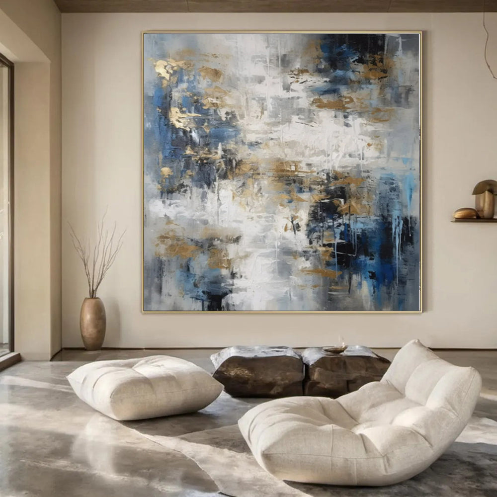 Blue, Grey & Gold Abstract - Abstract Expressionist Acrylic On Canvas CT1303