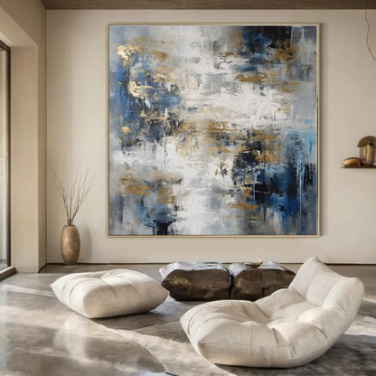 Blue, Grey & Gold Abstract - Abstract Expressionist Acrylic On Canvas CT1303