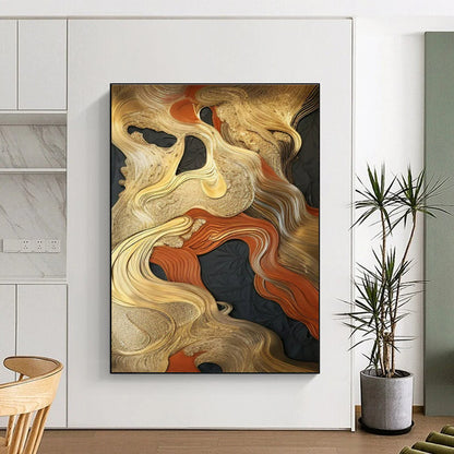“Gold - Red - Black Abstract Waves” ，Abstract Textured Painting CT0822