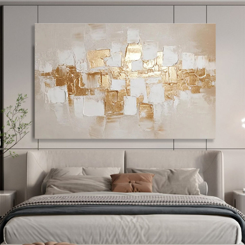 “Gold - White Cubic Textures” Abstract Impasto Painting On Canvas DKH524