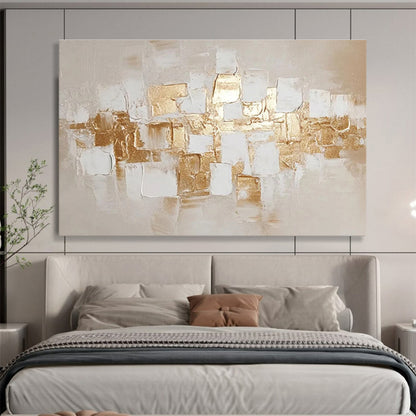 “Gold - White Cubic Textures” Abstract Impasto Painting On Canvas DKH524