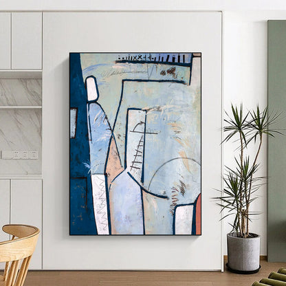 Blue - Toned Geometric Abstract with Linear Details Painting On Canvas CT2393