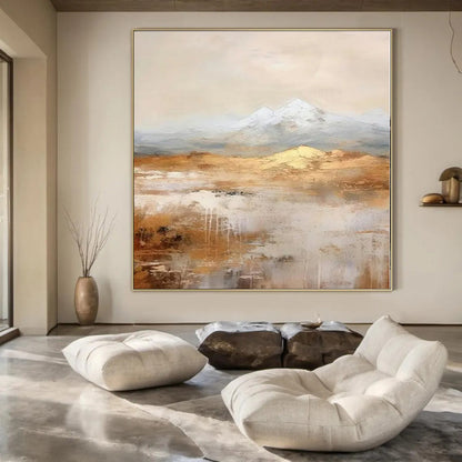 Golden Desert and Snowy Peaks - Abstract Landscape Oil CT1219