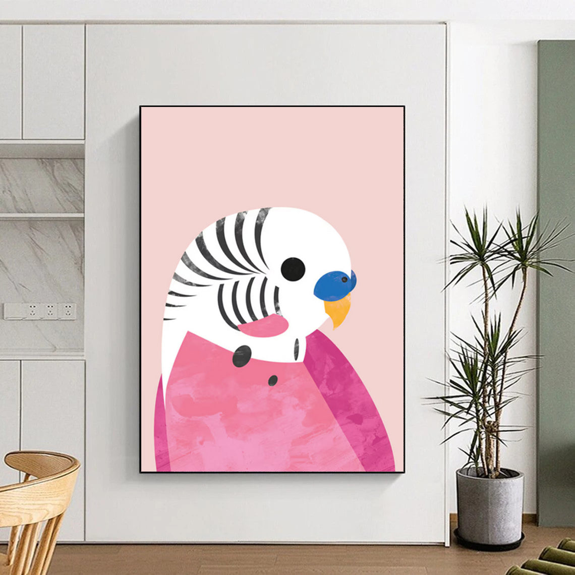 “Pink - Themed Parakeet” - Pink, White, Blue, Yellow Illustration - Style Painting On Canvas DTP227