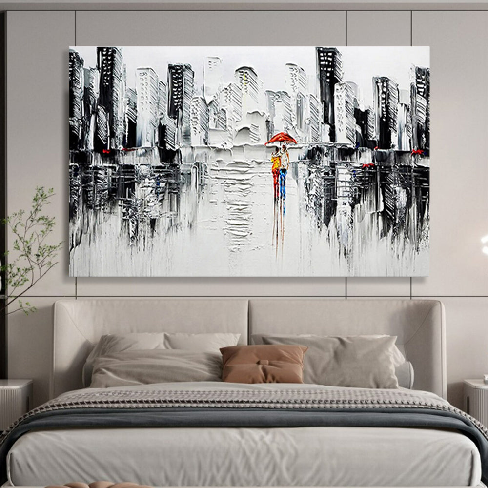 Monochrome City Stroll - Gray, White & Red Urban Painting On Canvas DKH895