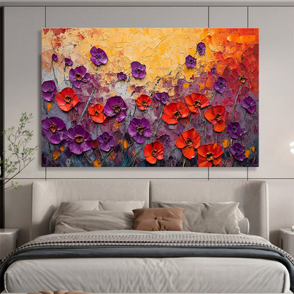 Textured Poppy Field - Purple, Red & Orange Floral Painting On Canvas DKH901