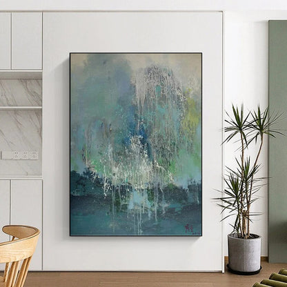 “Colorful Dripping Abstract” - Blue, Green, White & Gray Dripping Abstract Painting On Canvas DKH1199