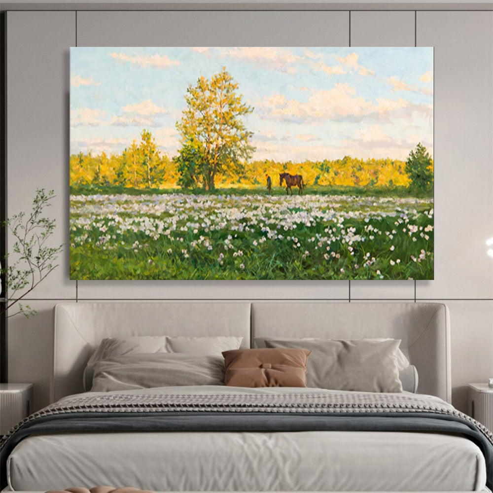 Meadow with Horse and Figure - Realist Landscape Painting On Canvas DLZ216