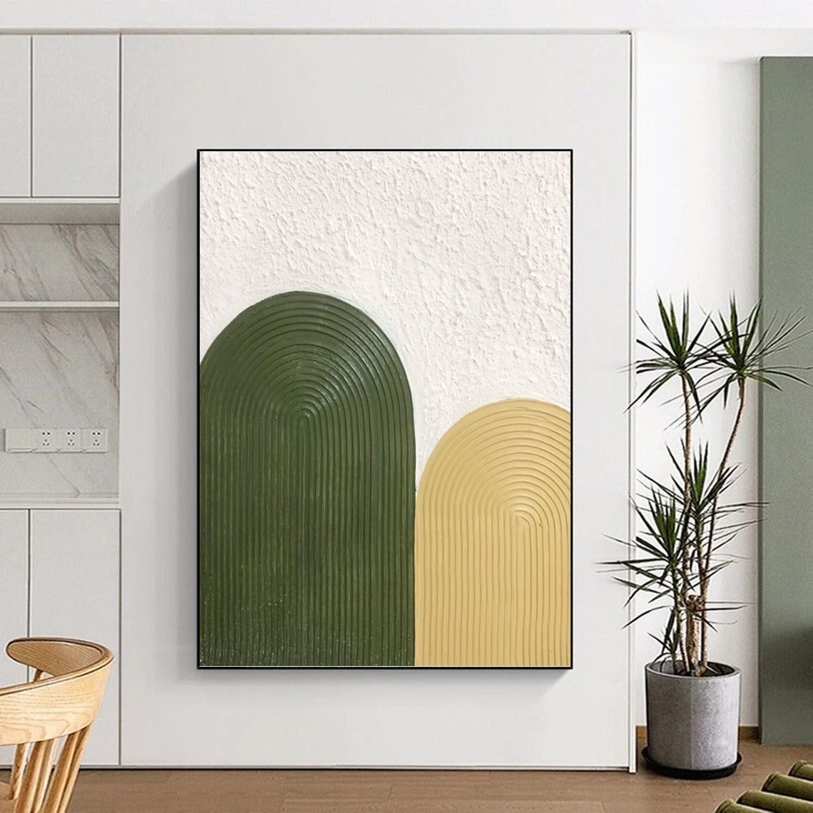 “Olive & Mustard Arches” - Green & Yellow Textured Curves Painting On Canvas DKH1176