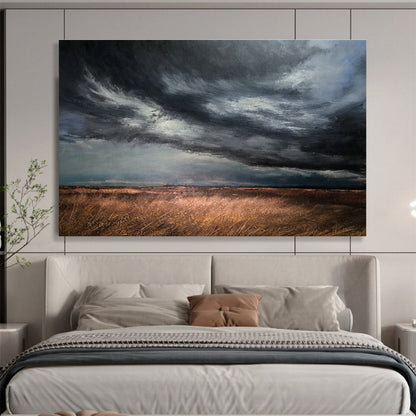 “Dark Stormy Sky Over Fields” - Powerful Landscape Painting On Canvas DKH779