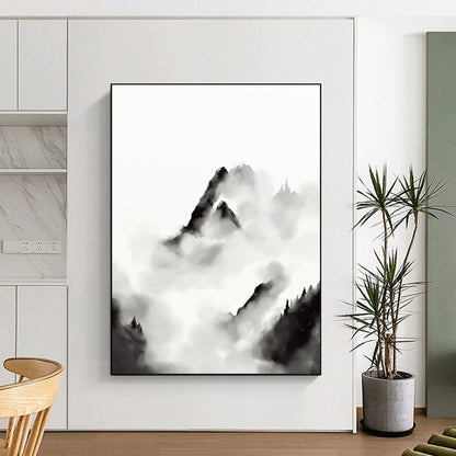 “Ink - Wash Mountain Clouds” - Black and White Ink - Wash Painting On Canvas DTP207