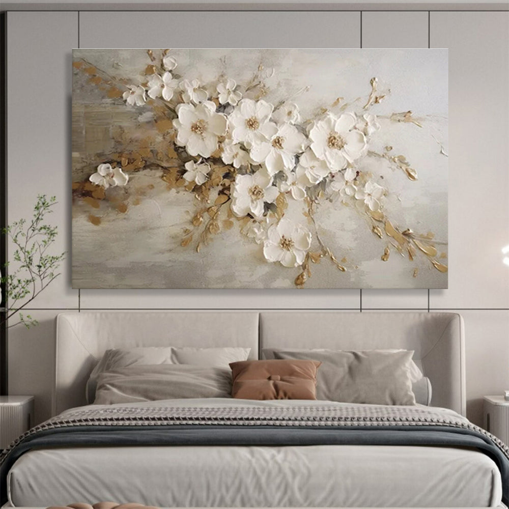 White Flowers with Gold Accents Textured Painting On Canvas DKH250