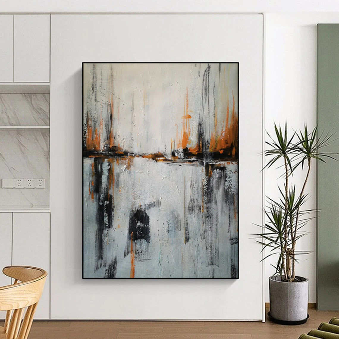 “Gray - Orange Strokes and Water Reflections” - Abstract Urban Waterscape Painting CT1973