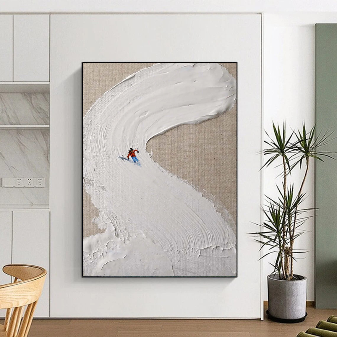 “White, Red, Blue Skiing Scene ‘Snowy Trail’” - Impasto Ski Landscape Painting On Canvas DTP311