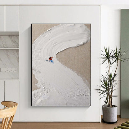 “White, Red, Blue Skiing Scene ‘Snowy Trail’” - Impasto Ski Landscape Painting On Canvas DTP311