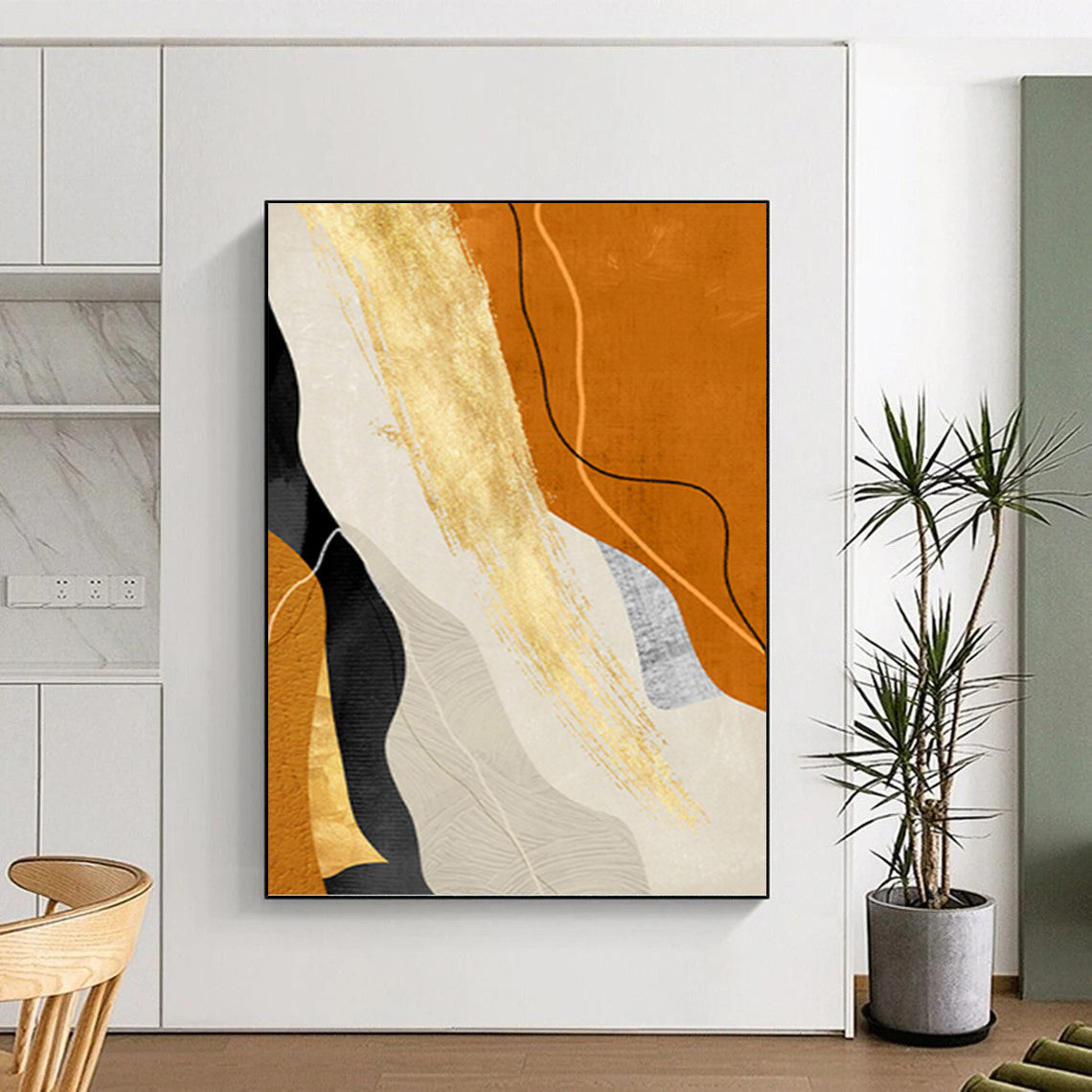 “Golden Flow” - Orange, Gold & Neutral Abstract Curves Painting On Canvas DKH1517