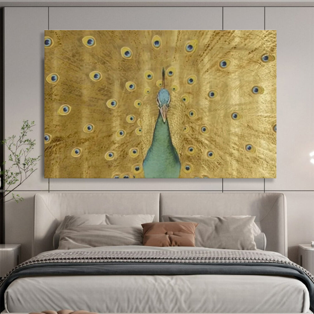 “Golden Peacock Display” - Gold, Blue, Green Realistic Bird Painting On Canvas DKH740
