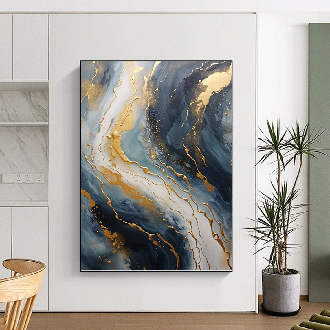 “Blue & Gold Marbled Flow” - Fluid Abstract Painting On Canvas DKH1599
