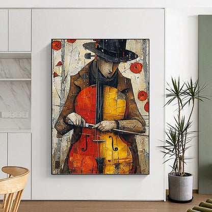 “Melodic Muse” - Colorful Cello Player with Poppies Background Painting On Canvas DKH1532