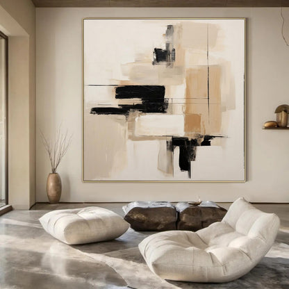 Neutral Tones with Black Blocks - Minimalist Abstract Acrylic On Canvas CT1296