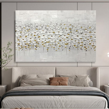 White Flowers with Gold Accents - Minimalist Impasto Painting On Canvas DLZ214