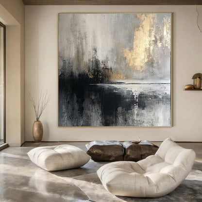 “Gray - Gold Mystic Reflection” – Abstract Landscape Art CT1018