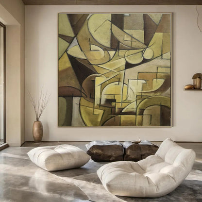 Brown Geometric Cubism - Cubist Abstract Oil Painting CT1430
