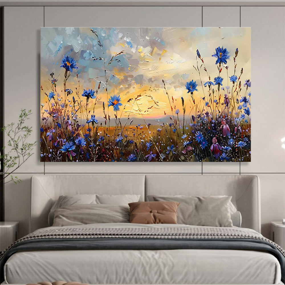 “Dusk Meadow Blues” - Blue, Purple, Orange Floral & Sky Impressionistic Painting On Canvas DKH698