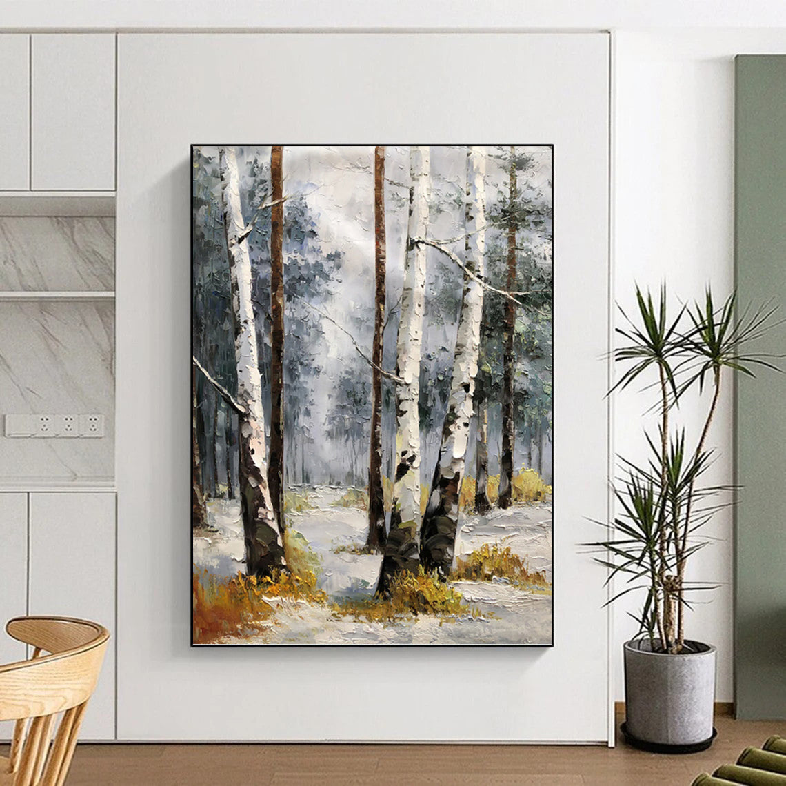 Snowy Birch Forest in Gray and White - Landscape Painting On Canvas DKH1276