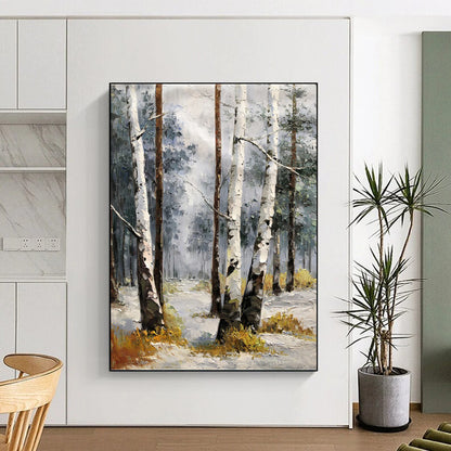 Snowy Birch Forest in Gray and White - Landscape Painting On Canvas DKH1276