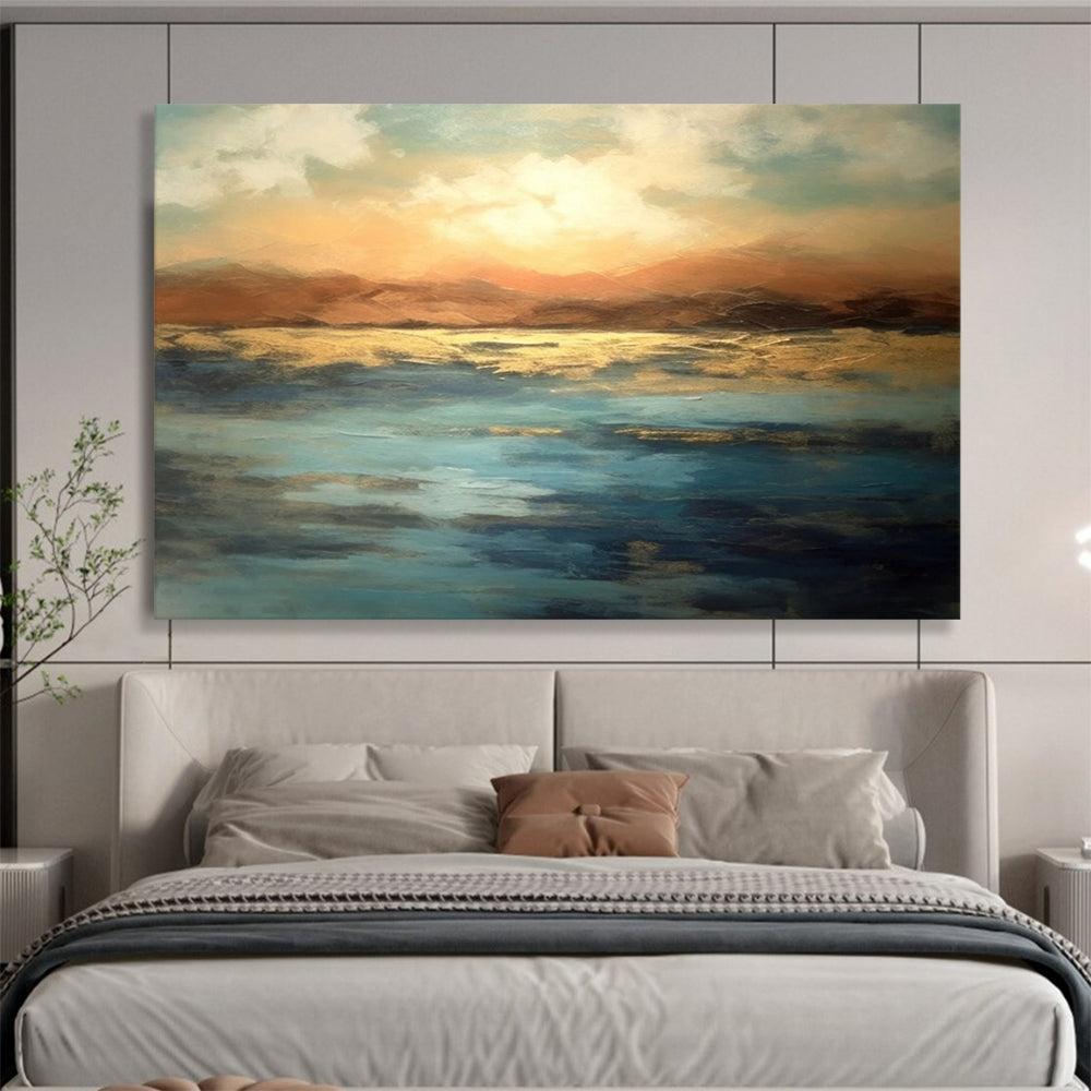 “Sunset - Hued Lake And Mountains” Landscape Painting On Canvas DLZ066