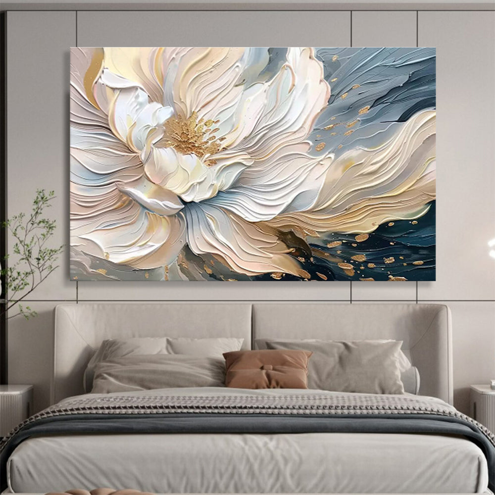“Gilded Bloom” - White, Gold, Blue Textured Floral Impasto Painting On Canvas DKH703
