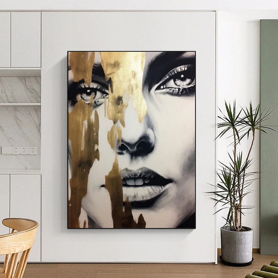 “Gilded Veiled Beauty” - Gold - Streaked Abstract Face Painting On Canvas CT2192