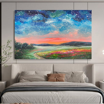 Starry Sky and Colorful Field “Enchanted Night Landscape” Painting On Canvas DKH122