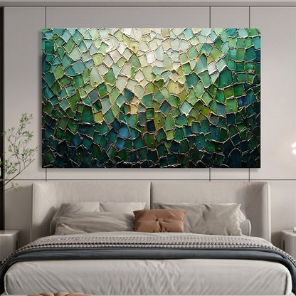 “Green Mosaic Glass” - Green, Blue, Gold Mosaic Artwork On Canvas DKH759
