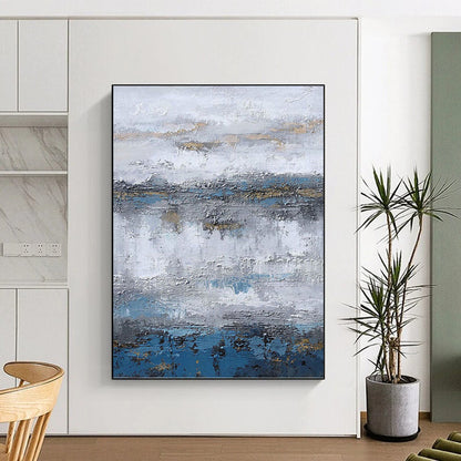 “Gray - Blue - Gold Textured Abstract Landscape” Painting On Canvas DKH1226