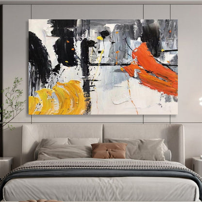 Abstract Black, White, and Orange Strokes Painting On Canvas DKH187