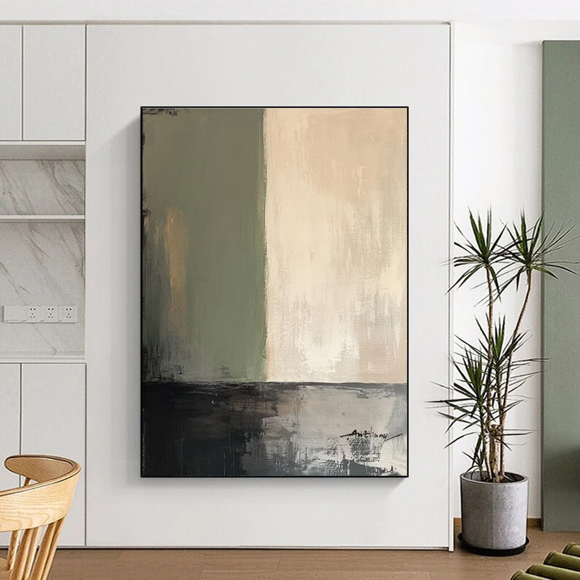 “Green - Beige - Black Abstract Divisions” ，Abstract Acrylic Painting CT0785