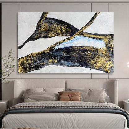 “Gilded Organic Shapes - Black, Gold, and Blue” Painting On Canvas DKH011